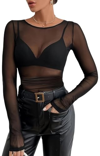 Women's Mesh Top, Black sheer blouse, Mesh Tops for Women, Sexy Long Sleeve T-Shirts, Anti-Pilling, No Snagging, Sheer See Through Fitted Tops Black Transparent Shirt for Party Clubwear Nightwear XL