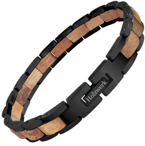 Holzwerk Bracelet en bois naturel pour femme et bracelet en bois d'acacia marron noir réglable avec raccourcisseur de bracelet et boîte de rangement
