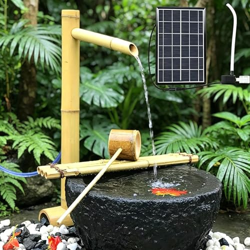 Fontana d'acqua in bambù ad energia solare con pompa 'acqua solare, fontana decorativa in stile Zen for giardino esterno interno, cortile e decorazione paesaggistica del prato