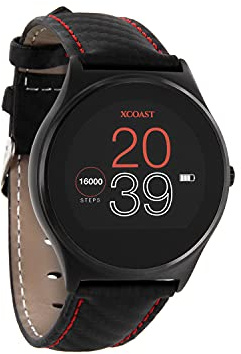 X-WATCH QIN XW PRO Carbon Red Smartwatch, Leather Strap, iOS & Android- Anti Glare Touch Screen, Step Counter, Calories Burnt, Heart Rate, Blood Pressure Monitor, Workout Tracker, Long Battery Life