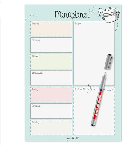 Menüplaner selbstklebend DIN A4 I Whiteboard Essensplaner Woche abwischbar I Speiseplan Wochenplaner abwischbar türkis I Mit selbstklebender Rückseite I dv525