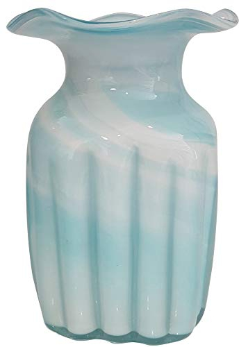 Oberstdorfer Glashütte Eckige Vase modern farbige Glasvase türkis Weiss marmoriert Blumenvase mit welliger grosser Öffnung mundgeblasen Höhe ca. 20 cm