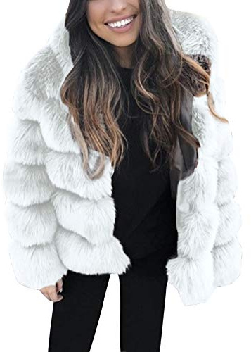 ShallGood Cappotti Donna Eleganti Cardigan Invernale con Cappuccio Taglie Forti Caldo Manica Lunga Pelliccia Sintetica Parka Lunghi Giacca Outerwear Bianco IT 44