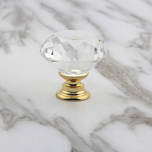 MDPLY 5 Pack Crystal Glass Cabinet Knobs - 30mm Clear Diamond Shape Decorative Gold Base Pulls Handles for Drawer Dresser Kitchen Cabinets Wardrobe Bathroom Vanity Desk (Gold)