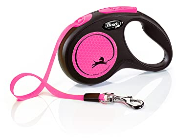 flexi® Neon S Gurt 5 m schwarz, neon-Pinker Gurt, reflektierende Seitenfläche, Roll-Leine für Hunde bis 15 kg