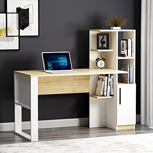 Homidea Tody Schreibtisch - Computer & Schreibtisch - Arbeitsplatz - Stauraum mit Tür und Ablagen im modernen Design für Home Office oder Kinderzimmer (Tody - Weiß/Eiche)