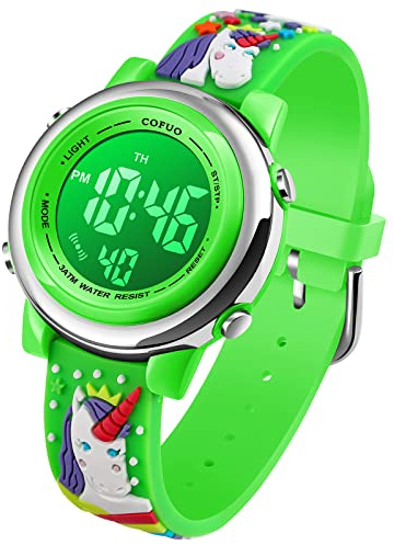 Kids Digital Sport Waterproof Watch for Girls Boys, Kid Sports Outdoor LED Electrical Watches with Luminous Alarm Stopwatch Child Wristwatch - Unicorn Green