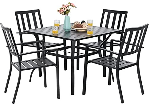 PHI VILLA Gartenmöbel Set Tisch mit 4 Stühle Metall Terrasse Bistro Outdoor | E-Beschichtung Rostfest Metall Gartengarnitur Set, Stapelbare Stühle für Platz Sparen, 4 Personen, Wetterfest