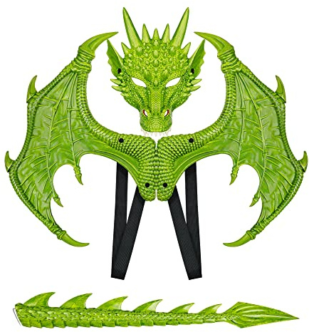 Yeeteesy Halloween Drachen Flügel Schwanz Masken Set, Maskerade Kostüm Cosplay Party Geschenk Requisiten für Kinder Jungen Mädchen und Erwachsene (Set-Grüner)