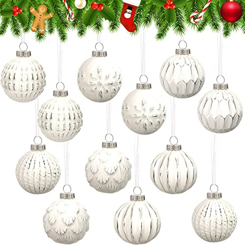 Bauernhaus-Kugel-Ornamente, Metall, Glaskugel, Vintage-Stil, Retro-Weihnachtsschmuck, Glasornamente für Weihnachtsbaum (Weiß, 12 Stück)