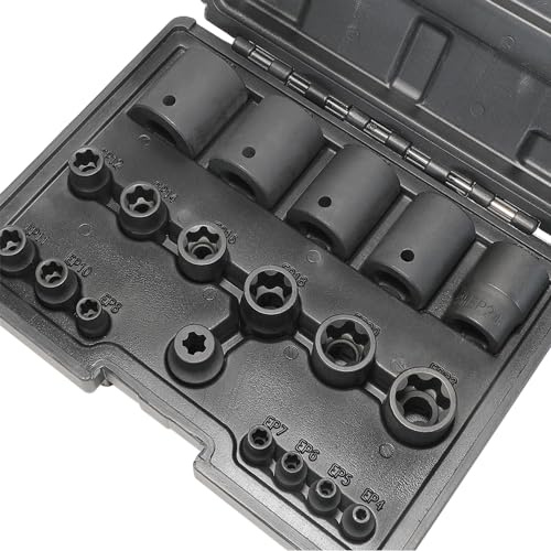 E-Torx Plus Steckschlüsselsatz Einsatz Außentorx EP4, EP5, EP6, EP7, EP8, EP8.8, EP10, EP11, EP12, EP14, EP16, EP18, EP20, EP22, EP24, EP26, EP28, EP30, EP32 mit 1/2'' 3/8'' 1/4'' Dr 19-teilige