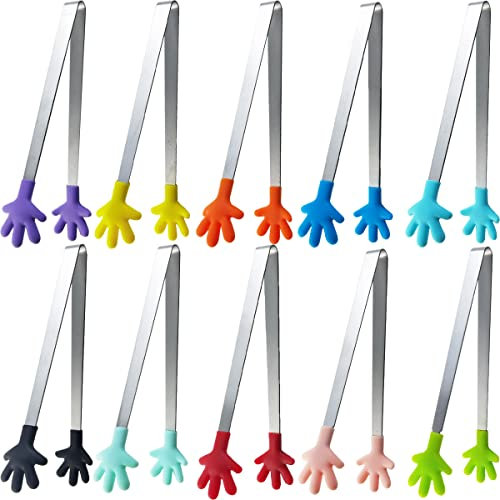 TIHOOD 10PCS Mini Tong Hand Shape Silicone Tongs 5 Inch Small Kitchen Food Tongs Mini Serving Plastic Sugar Ice Salad Tongs for Kids Toddler (10 colors)
