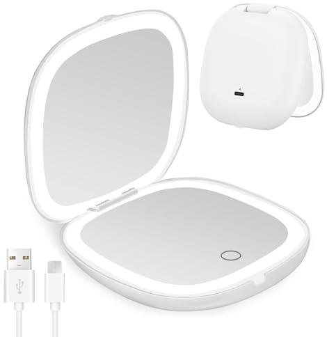 JIMACRO Schminkspiegel Kompakt, 1x/10x Vergrößerung Taschenspiegel mit 56 LED Licht, Zweiseitiger Kosmetikspiegel mit USB-Aufladung, 3 Farben, Helligkeit einstellbar, Ideal für Handtasche