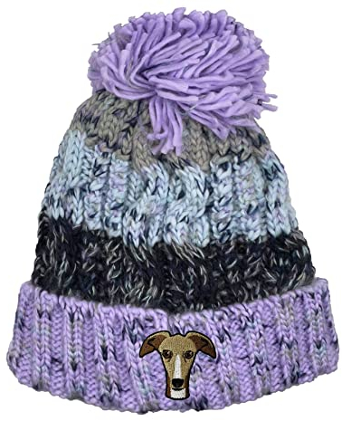 Greyhound Beanie Hat - Dog Lovers Gifts for Women - Winter Hats for Women - Knitted Wooly Ladies Hats - Dog Walking Accessories - Embroidered Gifts for Dog Lovers - Pom Pom - Lavender