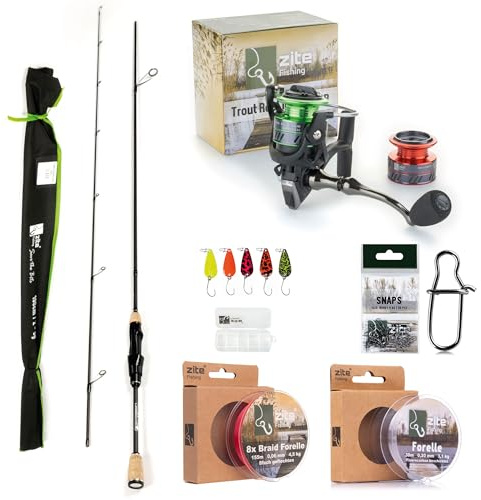 Zite Fishing Ultra Light Set | 210cm Trout Spoon Angel-Rute | Forellen-Rolle 1000 3+1BB | 30 Stück Angelwirbel-Snaps #000 | 0,06 mm 8fach geflochtene Schnur aus 100% PE-Fasern | 5 Neon Forellenblinker