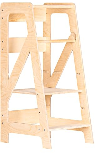 BABYLIKE Montessori Lernturm für Kinder | Lernstuhl ab 1 Jahr | Learning Tower | Tritthocker mit 2 Stufen & verstellbaren Fachböden | 47x40x90 cm | Naturholz