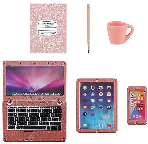 TIESOME 6 Pcs Dollhouse Miniatures Laptop Set, 1:12 Mini Laptop Computer Doll House Decor Small Dollhouse Furniture Model Simulation Tablet for Christmas Home Gifts (Pink)