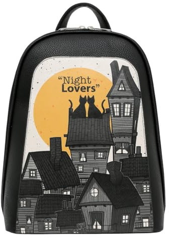 DOGO Femme Cuir Vegan Noir Fait Main et Mode Sac à dos - Night Lovers Motif