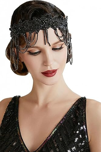 BABEYOND 20s Great Gatsby Headband- 1920s Flapper Headpiece Roaring Chain for Women Vintage Hair Accessory Black