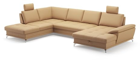 Cavadore Wohnlandschaft Castiel mit Federkern / Sofalandschaft mit großem Longchair, Bett, Bettkasten, Sitztiefenverstellung, Kopfstützen und Metallfüßen / 363 x 89-104 x 223 / Echtleder, Beige