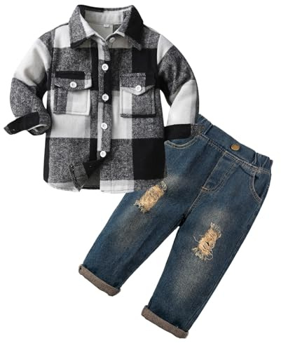 Volunboy 2 Pezzi Flanella Camicia Quadri+ Jeans Blu Strappati, Bambino Maschio Autunno Vestiti Completi Abiti Set(Nero Bianco,3-4 anni,Taglia 110)