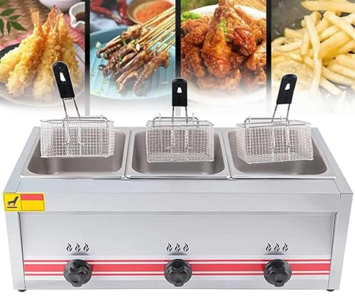 LSHFYV Friteuse Professionnelle à Gaz, Friteuse Commerciale en Acier Inoxydable avec Paniers Et Couvercles De Friteuse, pour La Cuisine à Domicile De Restaurant Commercial,Triplecylinder10l+10l+10l
