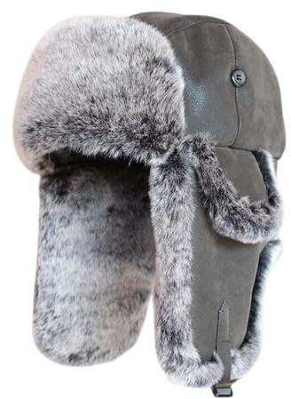 Russische Mütze Bomber Hüte Winter Männer Warme Russische Uschanka Fliegermütze Mit Ohrenklappe Pu-Leder Pelz Trapper Cap Ohrenklappe Für Frauen, Schwarz Weiß, 58-60 cm