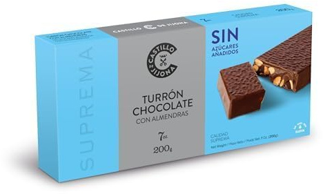 Castillo de Jijona - Nougat chocolat aux amandes sans sucre 200 g - Nougat sans sucre - Goût incomparable - Sans gluten - Haute qualité - Durée de vie de 18 mois - Fabriqué en Espagne