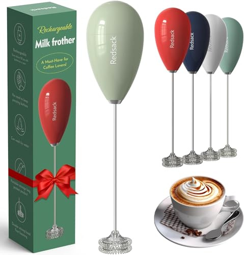 Redsack Waterproof Electric Whisk Milk Frother Handheld – USB Rechargeable Hand Whisk Electric Coffee Frother for Kitchen, Traveling – Double Coil Frappe Maker Coffee Stirrers with Portable Bag-Green