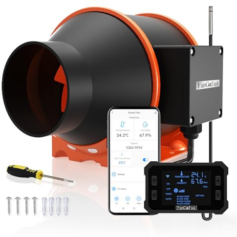 FanGoFast 100 mm Wifi App estrattore d'aria, Avec controllo della temperatura e dell'umidità, motore EC, ventola di aspirazione da 2800 giri/min. per sovralimentatori, tende, serre e grow room