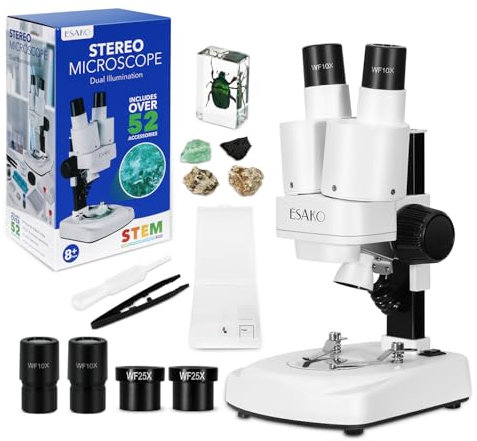 ESAKO Dual LED Kids Microscope - Science Kit with 10 Prepared Slides & 10 DIY Blank Slides, Mineral & Insect Specimens, Microscope Kit for Kids