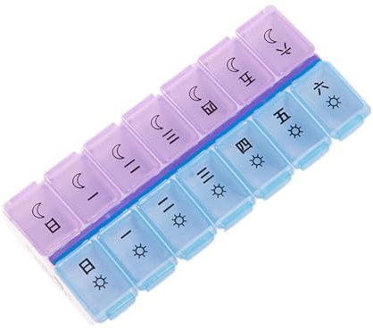 MYSUNBAR Portapillole per agenda settimanale, 7 giorni x 2, simbolo solare per mattina, luna e stella per la sera, inglese, 2 colori trasparenti, multicolore, Organizer per borse