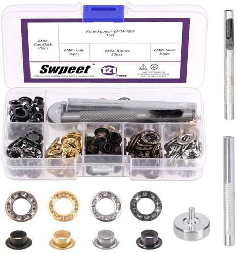 Swpeet 120 ensembles 4 couleurs 6 mm (1/4 pouce) de grommets en laiton avec pierres de rhine, avec 1 ensemble d’outils d’installation, œillets en métal pour réparation de toile, cuir, ceinture