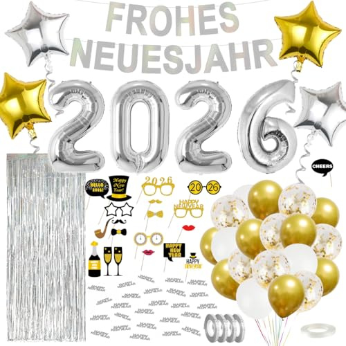 Neujahr Ballons 2025, Frohes neues Jahr Ballon, Gold- und Silberballons, Neujahrsdekoration, Neujahrs-Fotodekoration