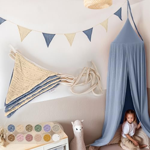 LILIMAUS Flaggirlang, tyg [med guldapplikation i 12 färger] flaggirlang, barnrum – 100 % handgjord girlang, tyg – vimpelkedja, muslin, hussäng, dekoration flickor och pojkar för babyrum