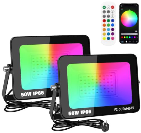 Willpower Focos LED RGB 50W Luz Cambio de Color Proyector LED Exterior | 2PCS 5,000LM, con Enchufe, 16 Colores y 4 Modos, IP66 Impermeable, Iluminación para Fiestas Jardín Terraza