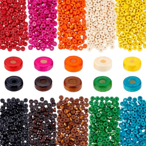 PH PandaHall 2000pz Perline di Legno 10 Colori Perline Piatte, 8x3mm Perline Sciolte Perline Distanziatrici Perline Rondelle per Bracciali Collane Creazione di Gioielli