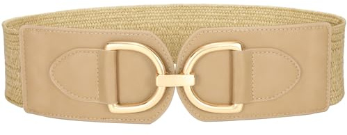 VONMELLI Damen Breiter Elastischer Taillengürtel für Kleider Strohgürtel Vintage Dehnbarer Geflochtener Gürtel Boho Damengürtel mit Goldener Schnalle Braun Passend für Taillenumfang 96-104cm