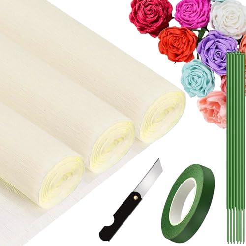3 Rouleaux de Papier Crépon Blanc Crème - 25 x 250cm, DIY Flowers Crafts, Papier Crepon pour Mariages, Fêtes d'anniversaire, Saint-Valentin, Festival Décorations (Blanc Crème)