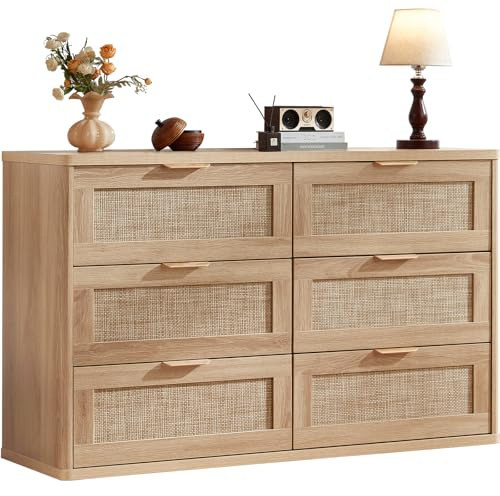 LEYAOYAO Rattan 6 Drawer Dresser for Bedroom, Boho 48 Wide Natural Wood Dresser Chest of Drawers, Dressers TV Stand with Metal Handle, Storage Dressers Closet Organizer for Living Room, Hallway