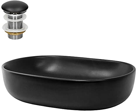 LuxeBath Waschbecken Keramik 600x420x145 mm oval Schwarz mit Ablaufgarnitur Schwarz, Aufsatzwaschbecken für Badezimmer/Gäste-WC, Aufsatzbecken modern, Waschtisch Waschschale Waschplatz Handwaschbecken