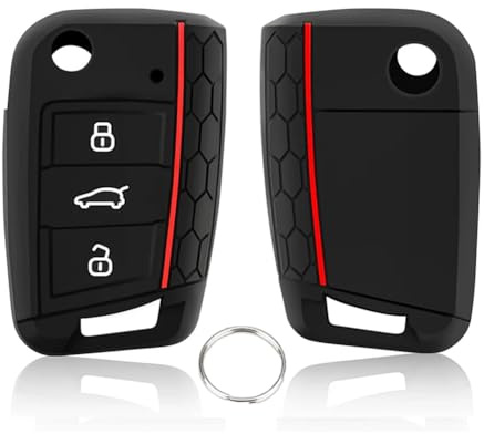 VW Autoschlüssel & Schlüsselbox,Silikon Schlüsselhülle für Golf 7 | für MK7,Skoda,Seat Leon,Polo, Seat Ibiza Schlüssel,3 Tasten Schlüsselanhänger +Schlüsselring-Rot