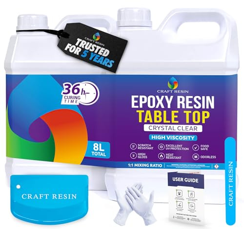 CRAFT RESIN Epoxidharz Set für Tischplatten 8L (1:1) – Kristallklar, Hochglänzend, UV-Beständig, Selbstnivellierend – Epoxy Harz für Arbeitsplatten, Oberflächen, Tisch, Holz & Kunstbeschichtungen