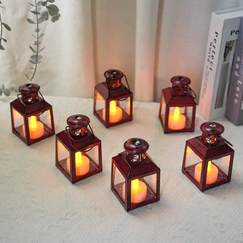 TRIROCKS 6 Stück kleine Metall-Kerzenlaternen im Vintage-Stil zum Aufhängen Teelichthalter Dekorative Kerzenhalter für den Tisch Valentinstag Terrasse Innenbereich Außenbereich Geschenke (rot)