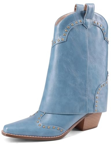 RONILURN Women Shark Boots Fold Over Cowboy Boots Cowgirl Ankle Chunky Heel Snip Toe Pull On Studded Boots for Women