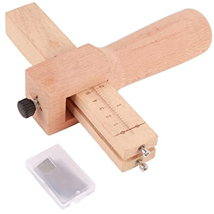 Leather Lace Cutter, Leather Strip Cutter Tool, Adjustable Leathercraft Hand Cutter with 5 Replaceable Blades, Stainless Steel and Beech Wood Leather Strap Cutter for DIY Leather C