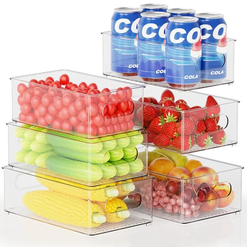 Cisivis Fridge Organisers 6Pack Stackable Storage Bins with Handles Clear | 3-size stackable set, handles, clear BPA-free PET. For fridge, pantry, cupboard, snacks, drinks, cans. Easy to see & grab.