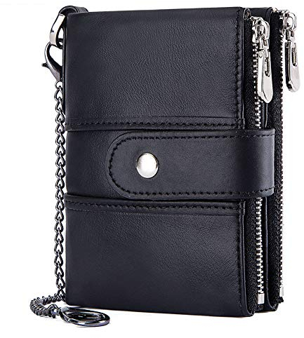 TEUEN Geldbörse Herren Leder mit Kette Geldbeutel Männer Viele Fächer Portemonnaie Herren Münzfach Doppelreißverschluss Echtleder Brieftasche Männer RFID Schutz 16 kartenfächer Hochformat (Schwarz)