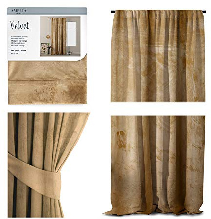 AmeliaHome Tenda oscurante in velluto, 140 x 270 cm, colore giallo senape, 1 pezzo di nastro arricciato, in velluto, decorazione per finestra, leggera e brillante, 70090, nastro arricciato, 140 x 270