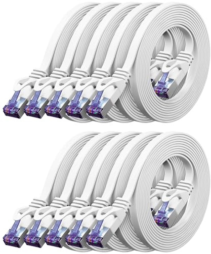 deleyCON 2m Flaches CAT7 Netzwerkkabel 10 Gbit/s, 10 Stück - Weiß | Langes RJ45 Ethernet Patchkabel flach, Gigabit LAN, für Internet, Switch, Router, Modem und Patchpanel